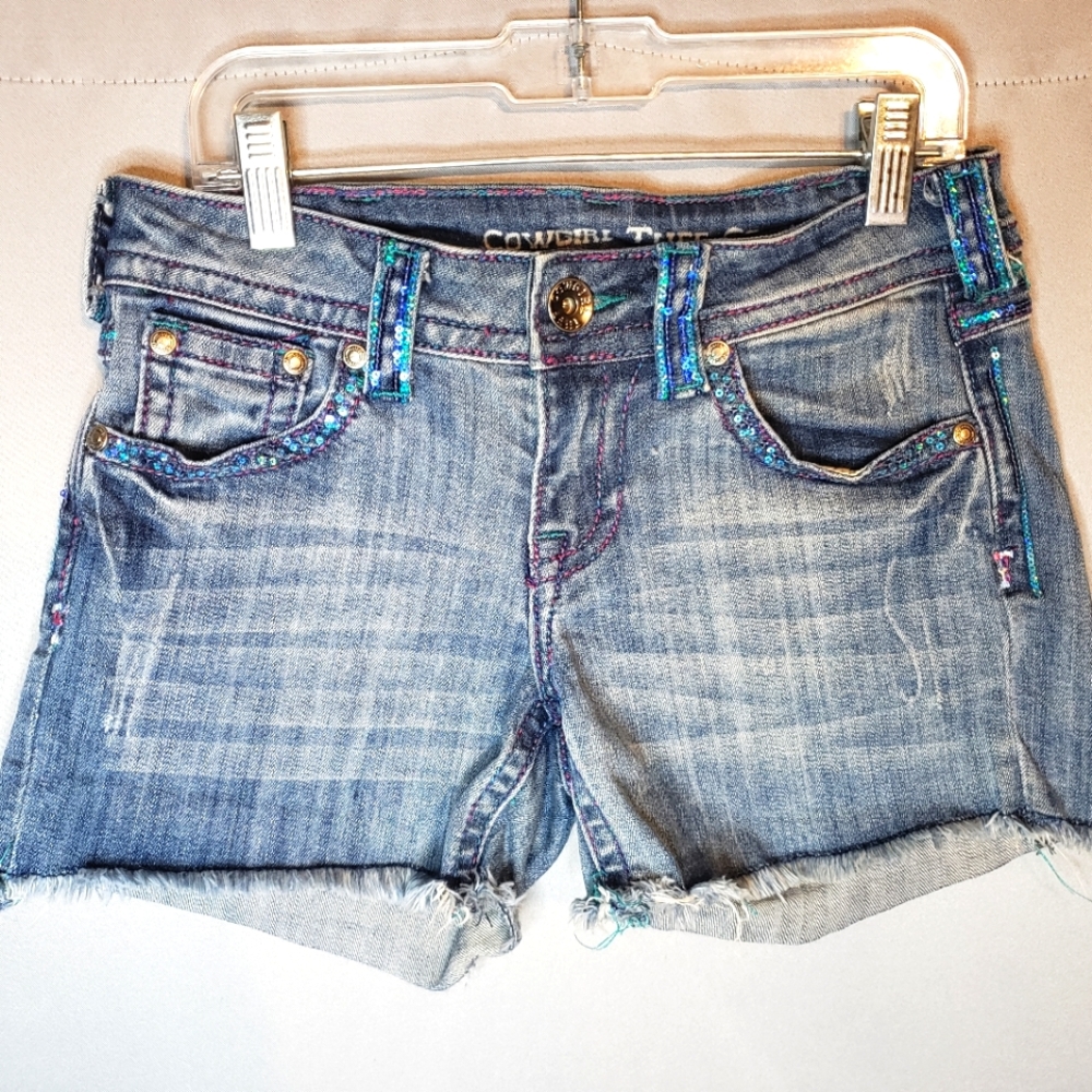 Cowgirl Tuff Co. Denim Shorts Aztec Sequin Bling Size 25